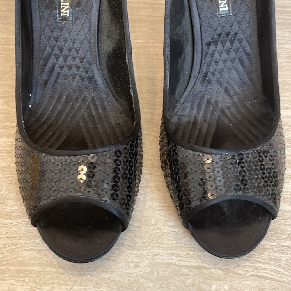 ENZO ANGIOLINI UEC Women’s Size 9.5 Black peep toe stiletto heel pumps sequins - Picture 6 of 12